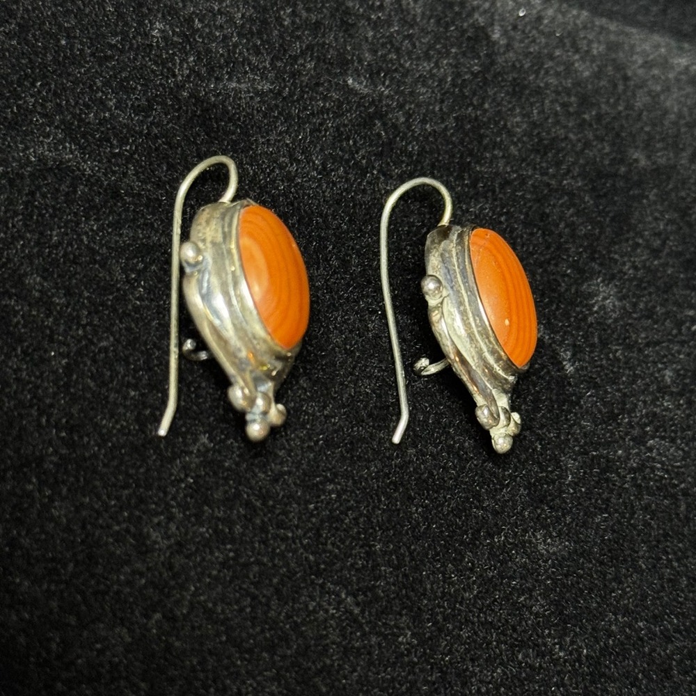 Vintage MC 925 Sterling Silver Orange Banded Agate Drop Artisan Earrings - Picture 3 of 7